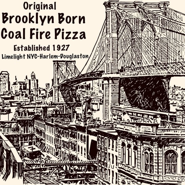 A vintage-style illustration of the Brooklyn Bridge and New York City skyline with restaurant branding.