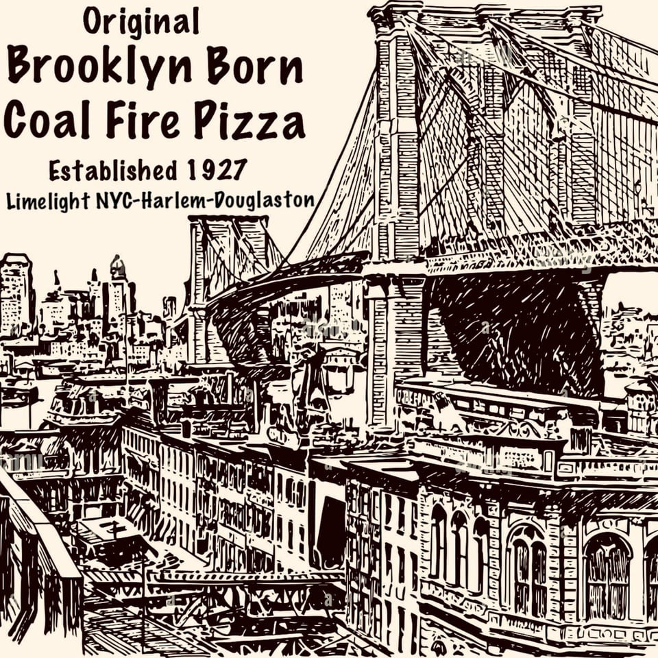 A vintage-style illustration of the Brooklyn Bridge and New York City skyline with restaurant branding.